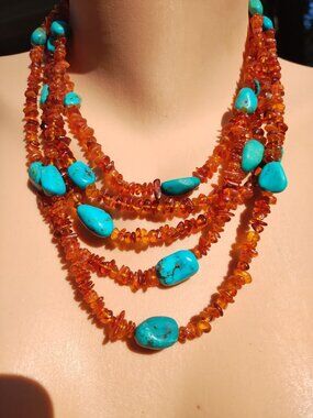 Jay King Natural Amber & Turquoise 5 Strand Sterling Silver Waterfall Necklace